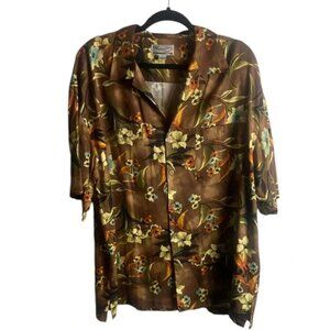 Monterey Club Men's Size Large Silk Hawaiin Shirt Button Down Tropical Brown